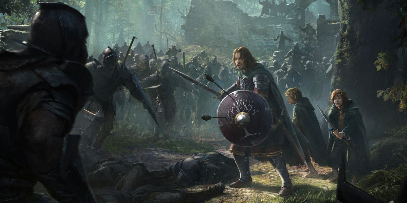 The Lord of the Rings Rise to War Boromir standing in front of Merry and Pippin on a field of orcs