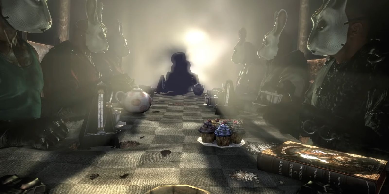 The Mad Hatter at a tea party with mind controlled thugs in Batman: Arkham City
