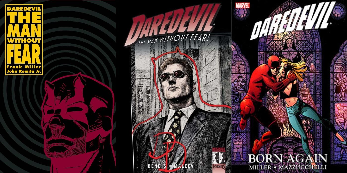 Split image of Daredevil comics The Man Without Fear, Out, and Born Again