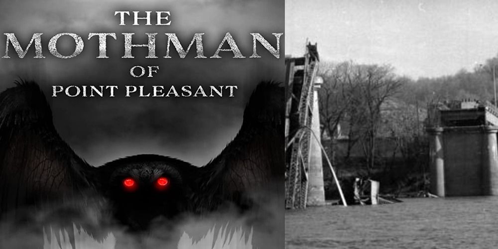 Cover of Mothman Documentary next to picture of collapsed Silver Bridge