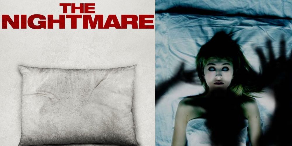 Movie cover The Nightmare in Red text over pillow side by side with exerpt of renactment of girl in bed