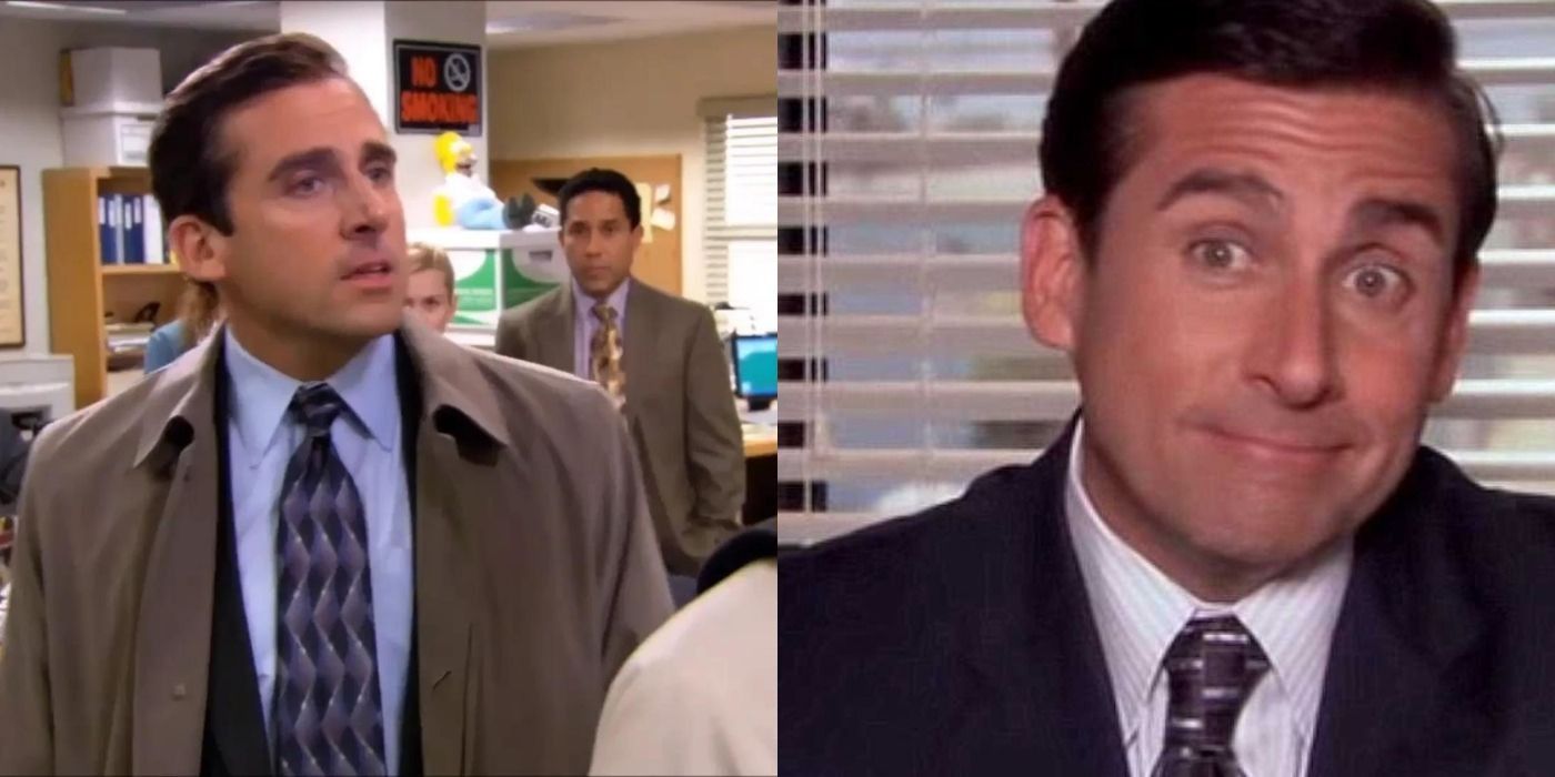Split image of Michael in a trench coat and Michael shrugging in a talking head in The Office