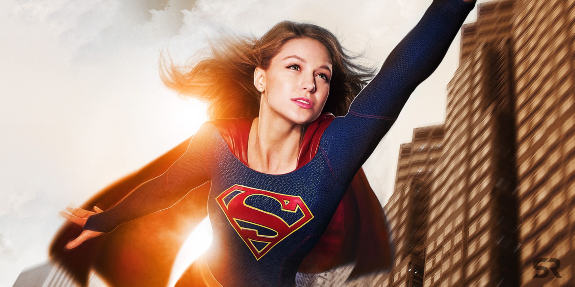 Supergirl flying through the skies.