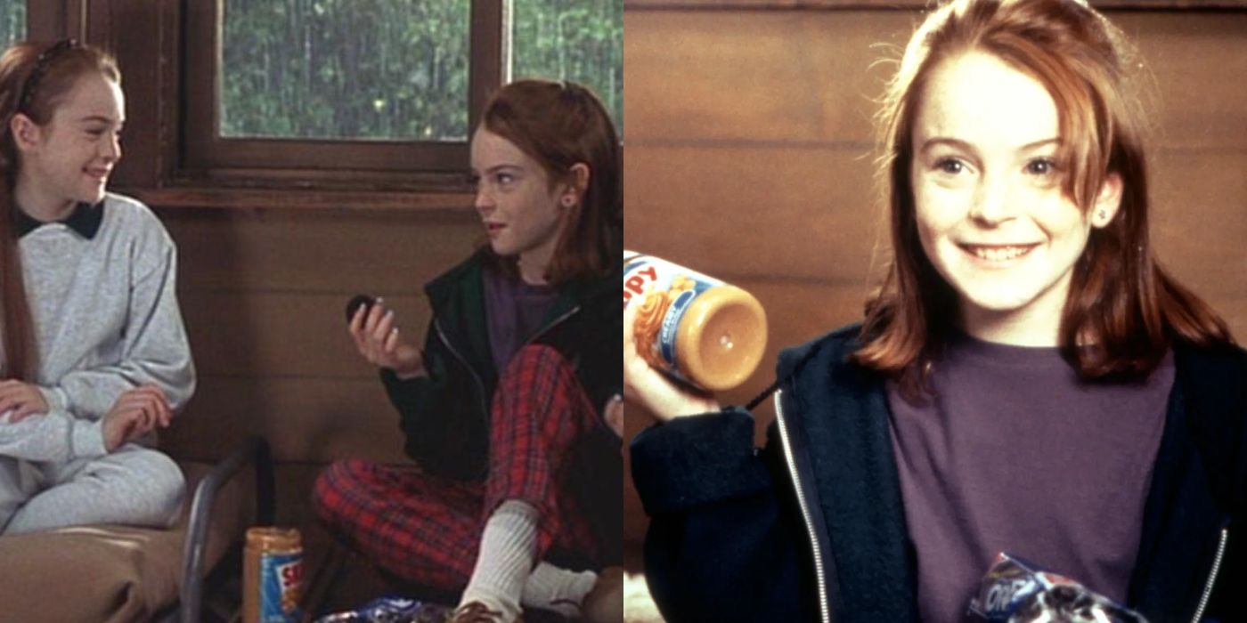 Split image of Annie and Hallie with peanut butter and Oreos in The Parent Trap