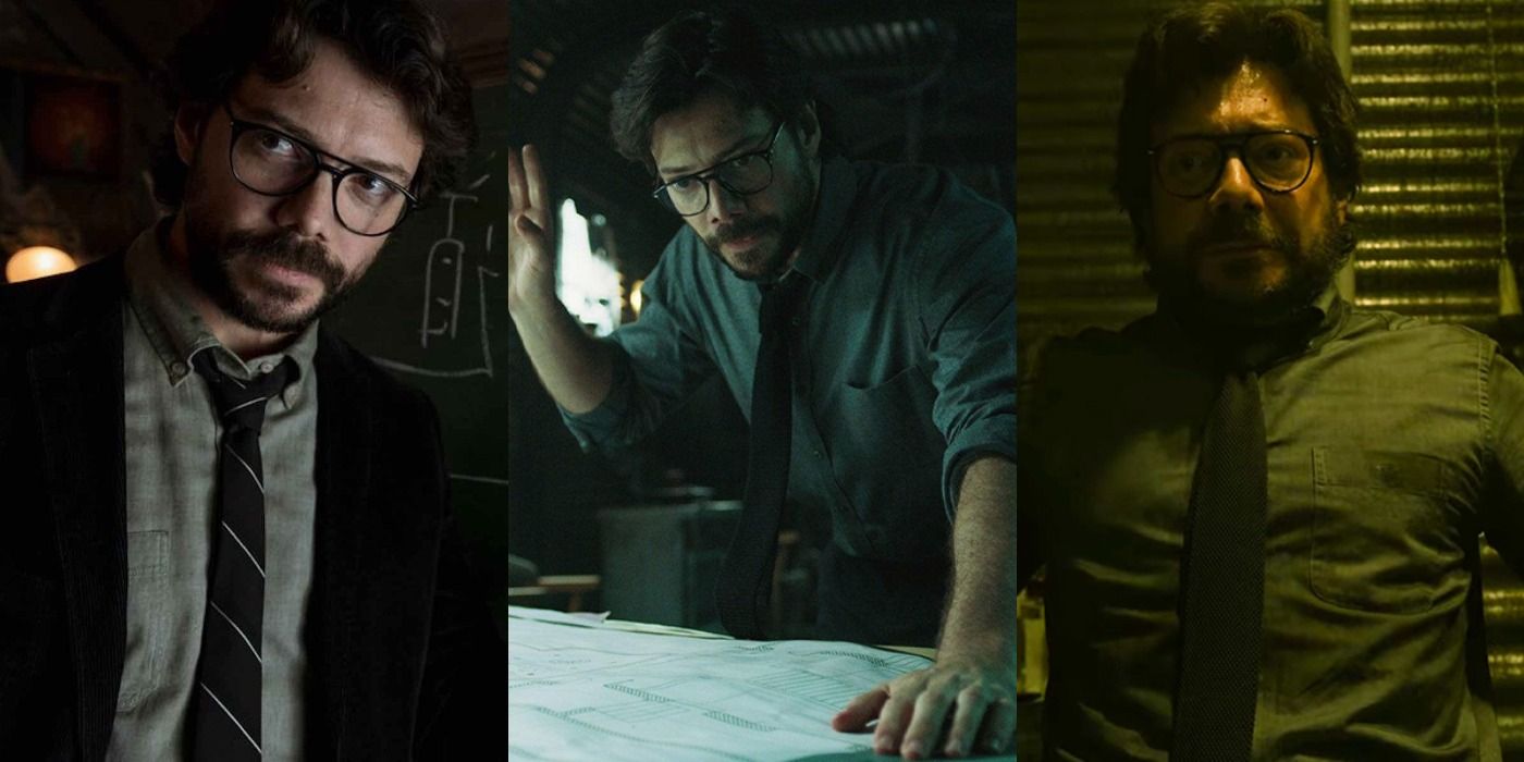 Three images showing the Professor in Money Heist.