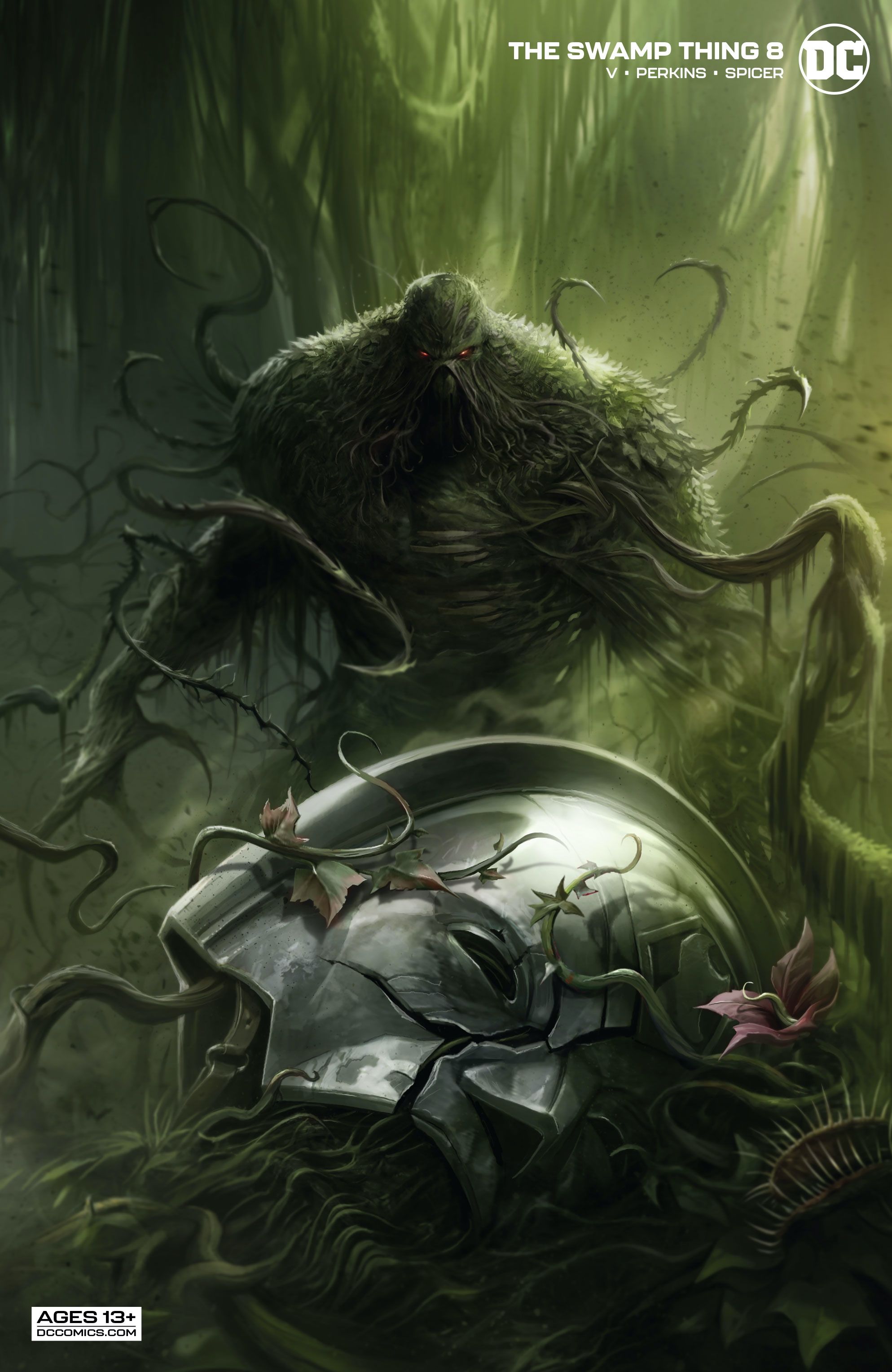 The Swamp Thing 8 Variant cover, featuring Swamp Thing standing over Peacemaker&rsquo;s helmet
