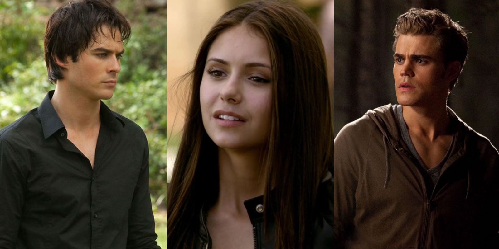 Split image of Damon outside the Lockwood Mansion, Elena at school, and Stefan in the woods in The Vampire Diaries.