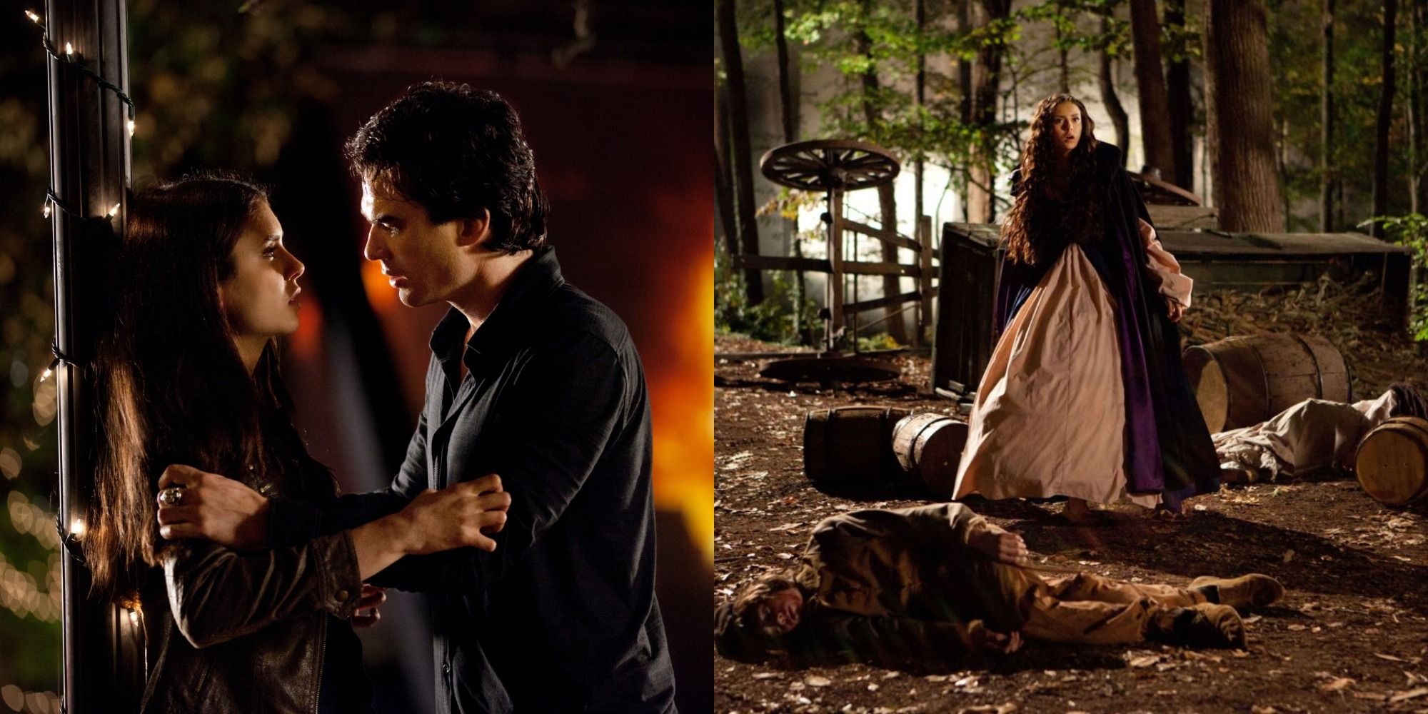 Split image of Damon with Elena and Katherine in a flashback on The Vampire Diaries