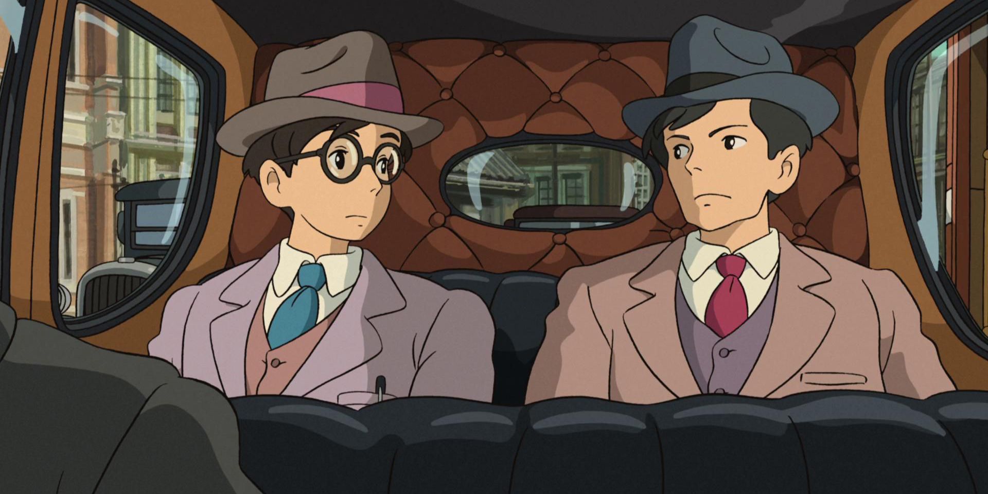 Jiro and Honjo sit in a taxi in The Wind Rises.