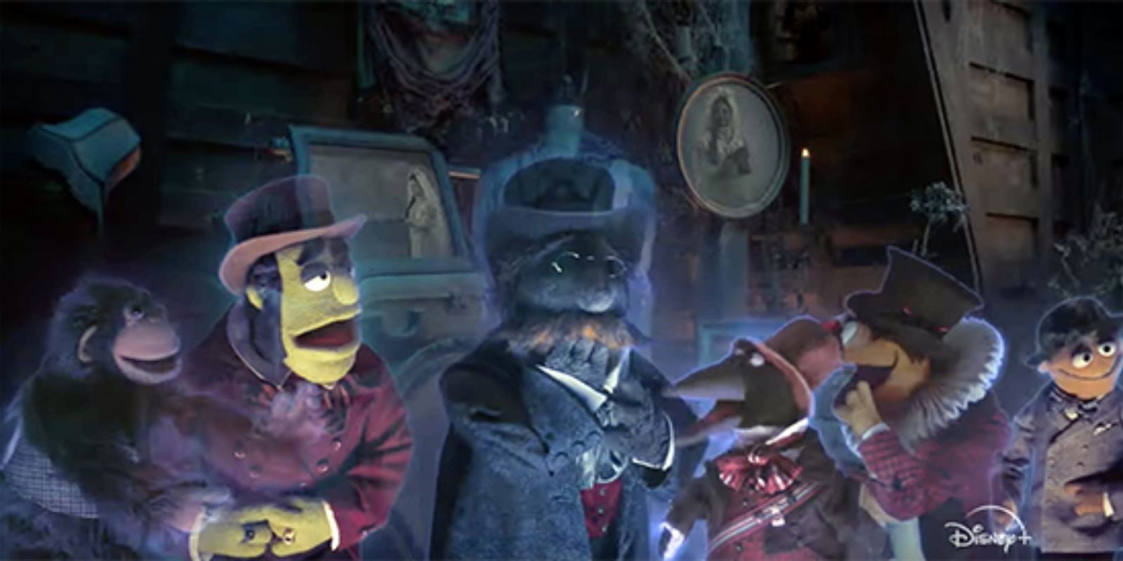The ghosts of Sal Minella, Johnny Fiama, a penguin, and other Muppets argue in Muppets Haunted Mansion