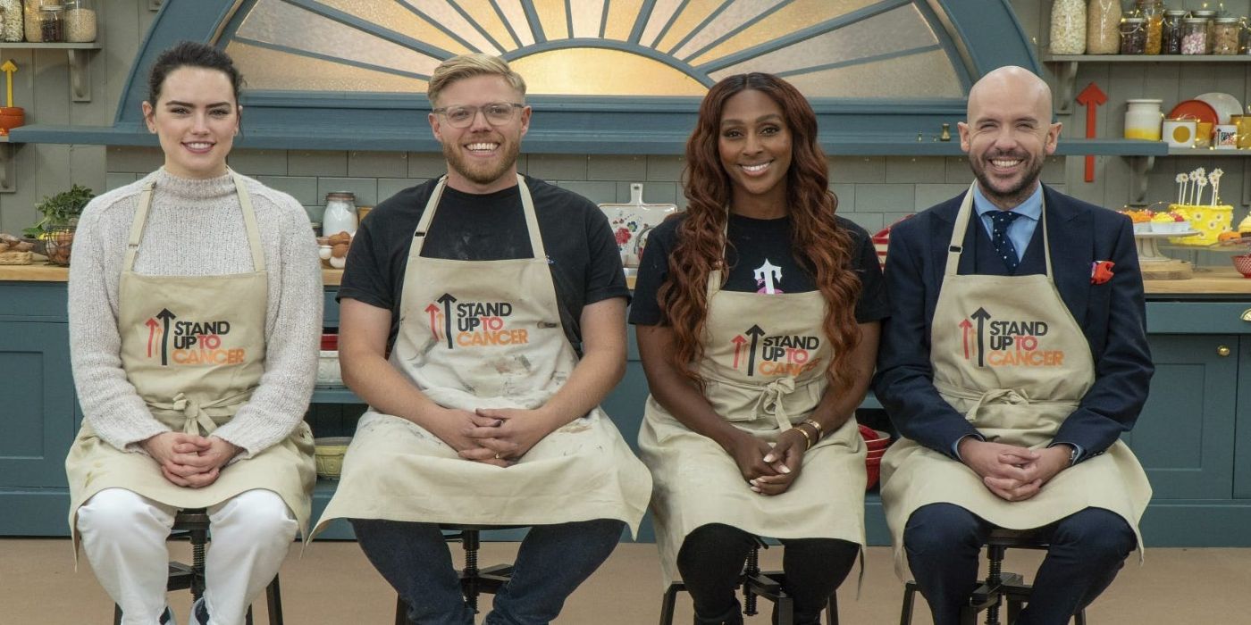 The great celebrity bake-off contestants pose in their Stand Up to Cancer aprons