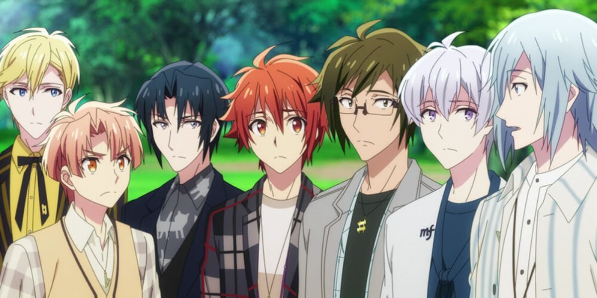 The members of IDOLiSH7 arguing about something outside, stood in a line