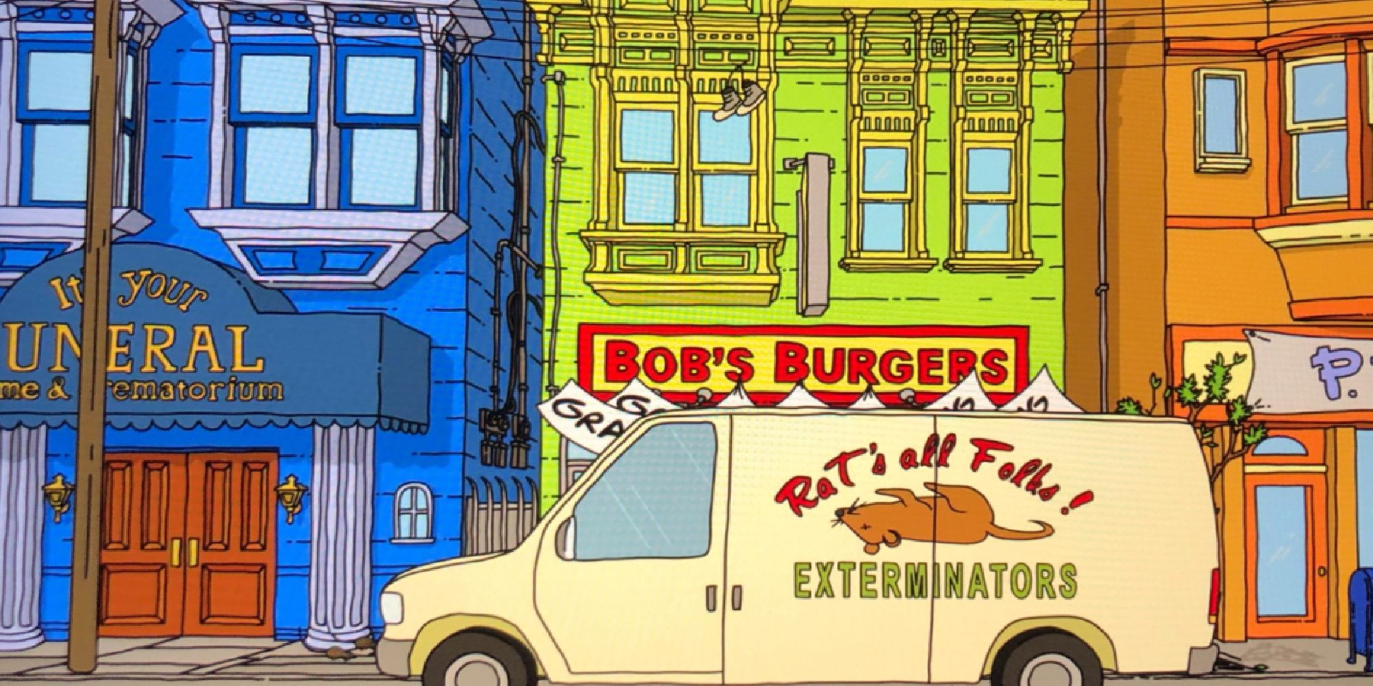 The pest control truck outside Bob's Burgers
