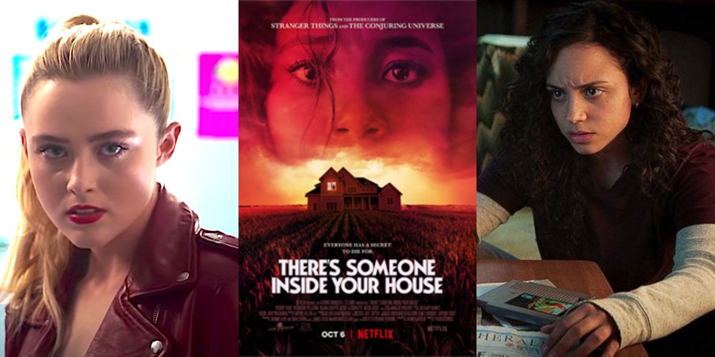 Split image of Millie in Freaky, There's Someone Inside Your House poster, and Deena in Fear Street