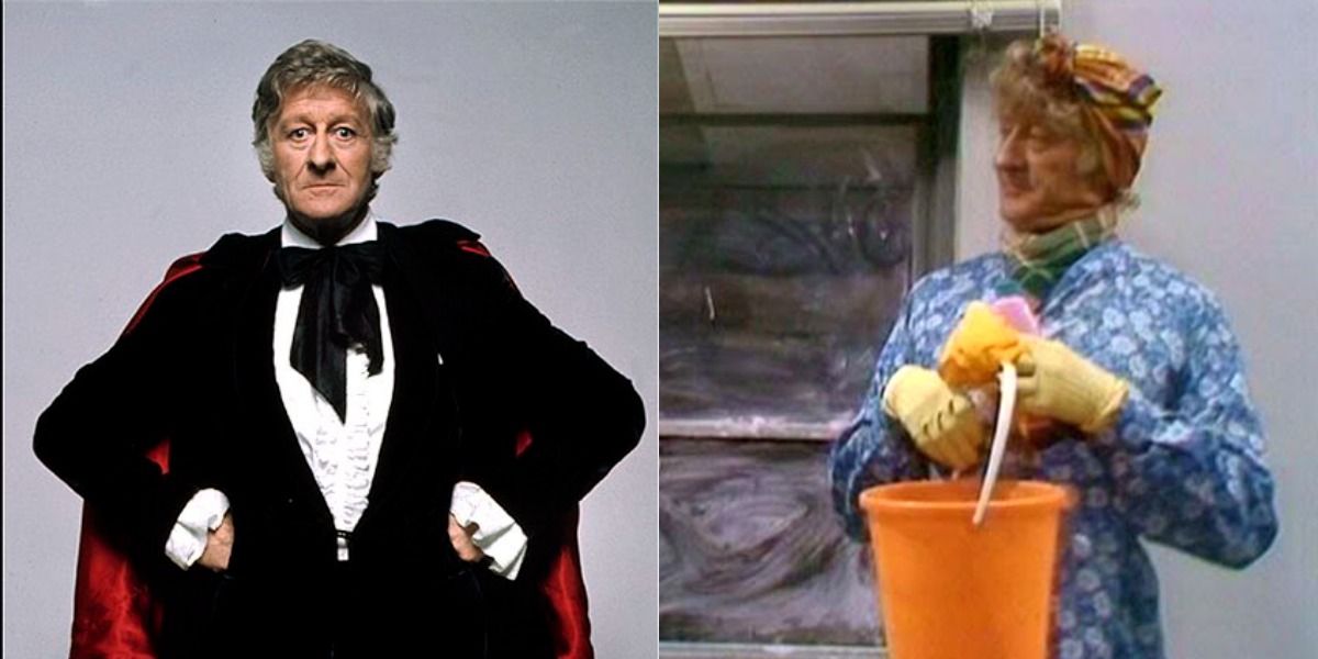 Dr. Who: The Third Doctor in his Season 7 outfit, and as a cleaning lady in The Green Death