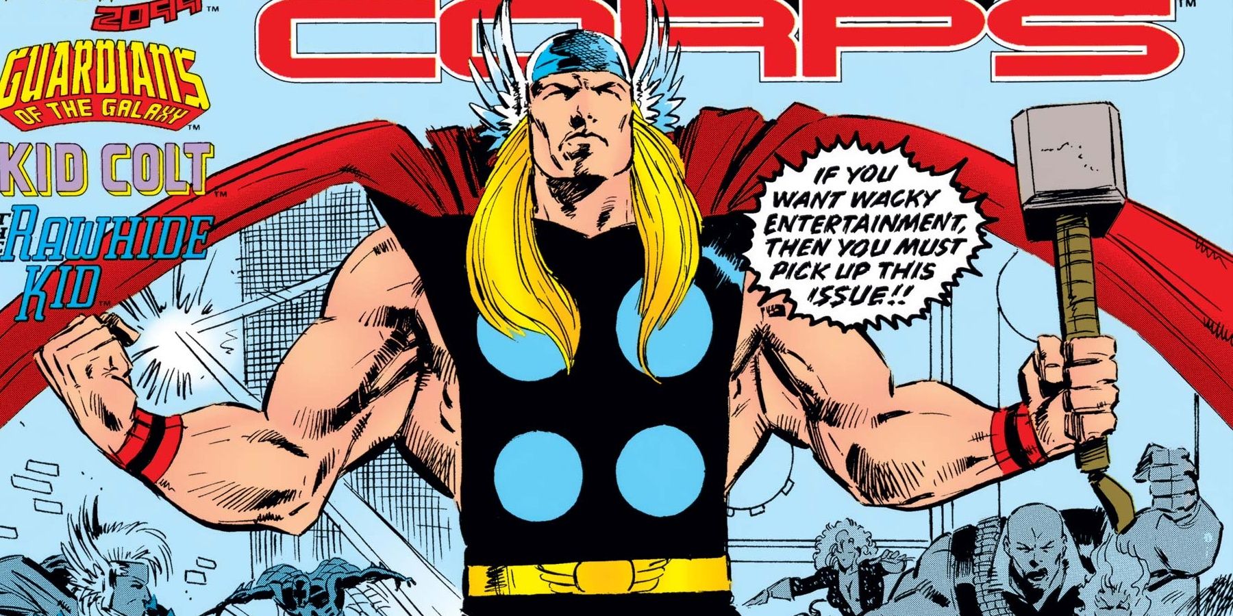 Thor holding his hammer and stretching his arms out in Marvel comics