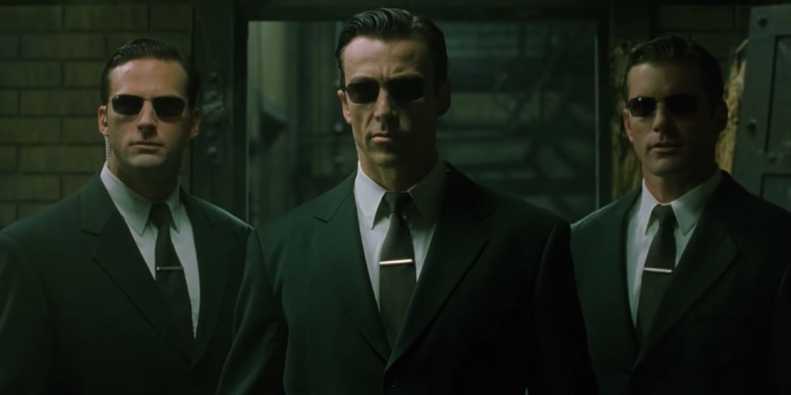 Three Agents entering the resistance hideout in The Matrix Reloaded