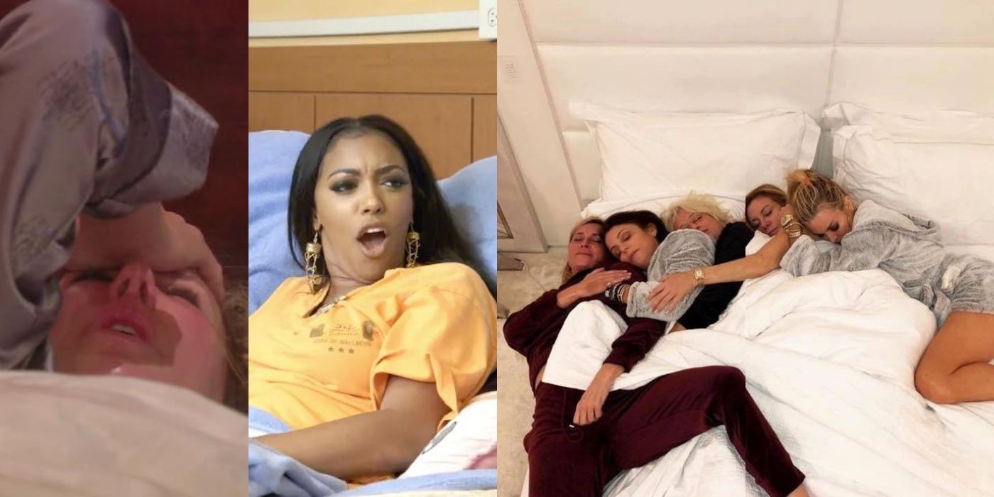 Three imgaes of the women of The Real Housewives in their hotel rooms - Vicki, Porsha, and the women of New York