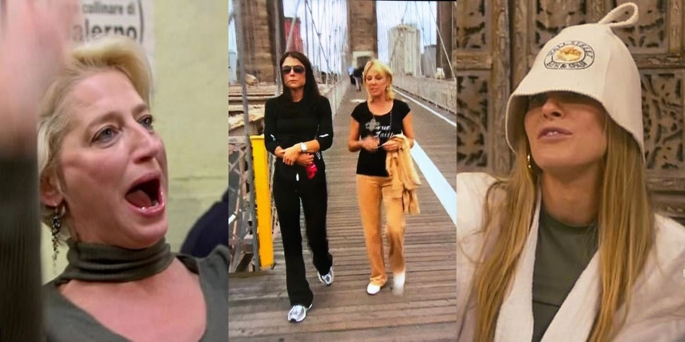 Three side by side images of Dorinda, Leah, and Bethenny and Ramona in different scenes from RHONY