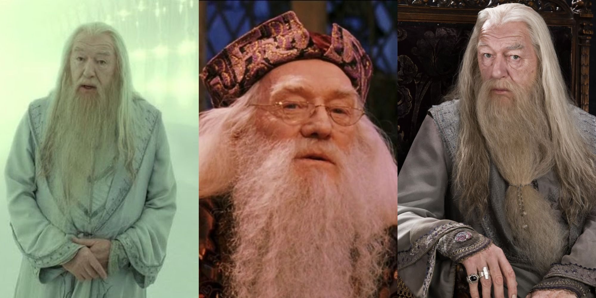 Three side by side images of Dumbledore from Harry Potter