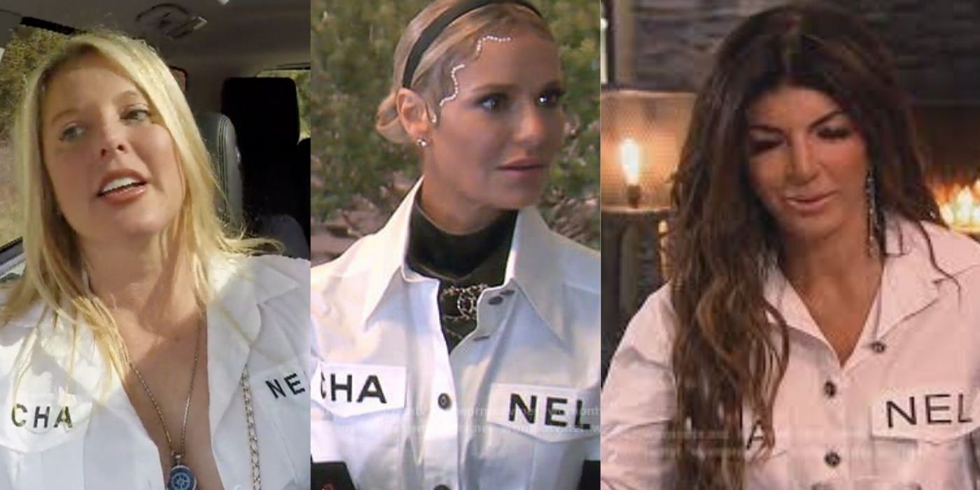 Three side by side images of Elizabeth, Dorit, and Teresa from The Real Housewives all wearing the same shirt