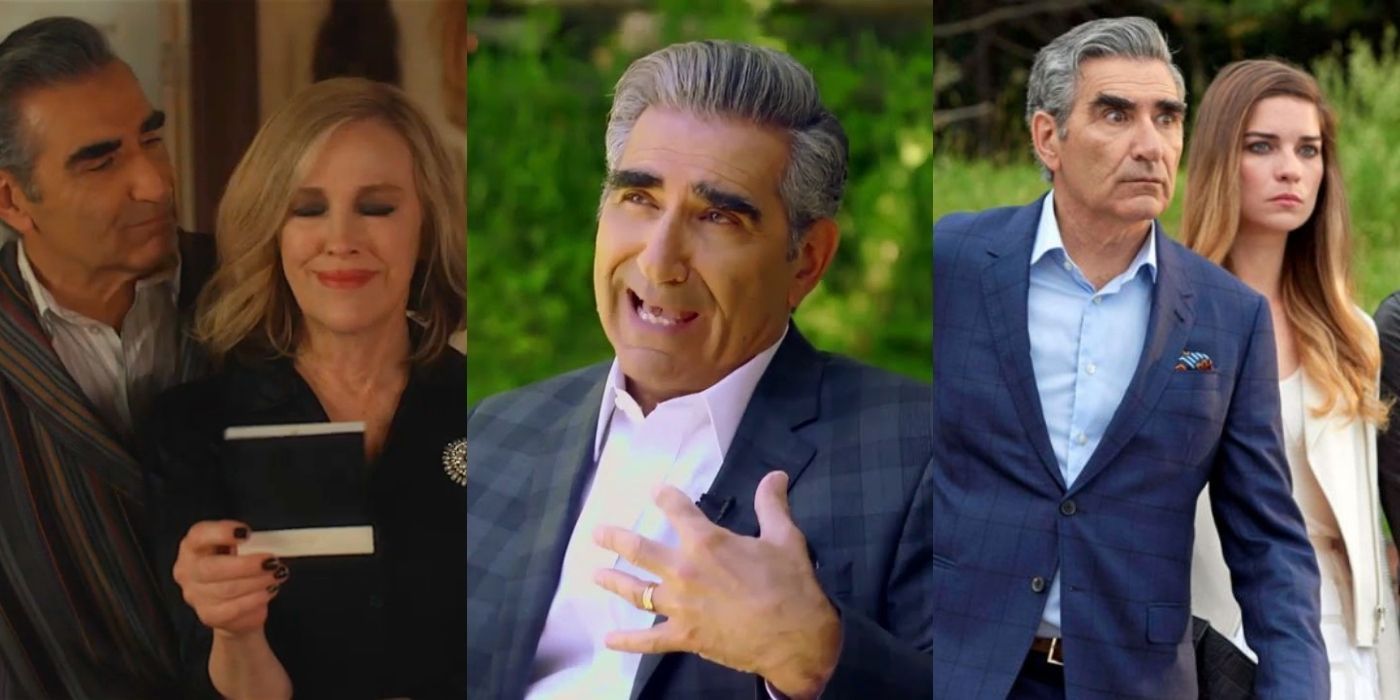 Three side by side images of Johnny Rose and his wife and kids in different scenes for Schitt's Creek