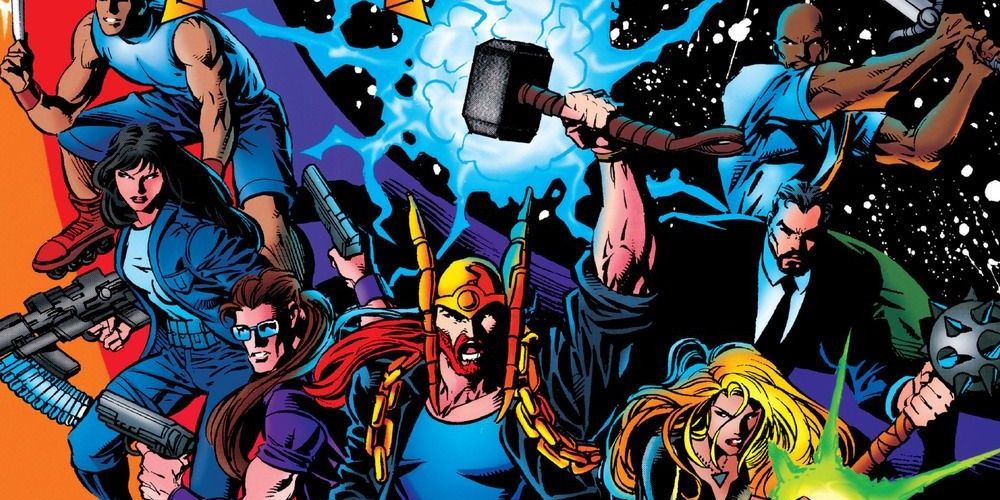 Thunderstrike raising his hammer while other Thor characters assemble behind him in Marvel Comics.