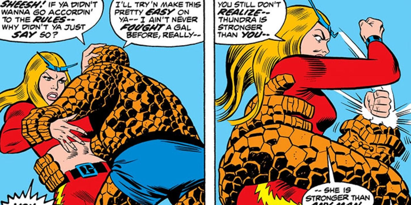 Thundra fights the Thing in Marvel Comics.