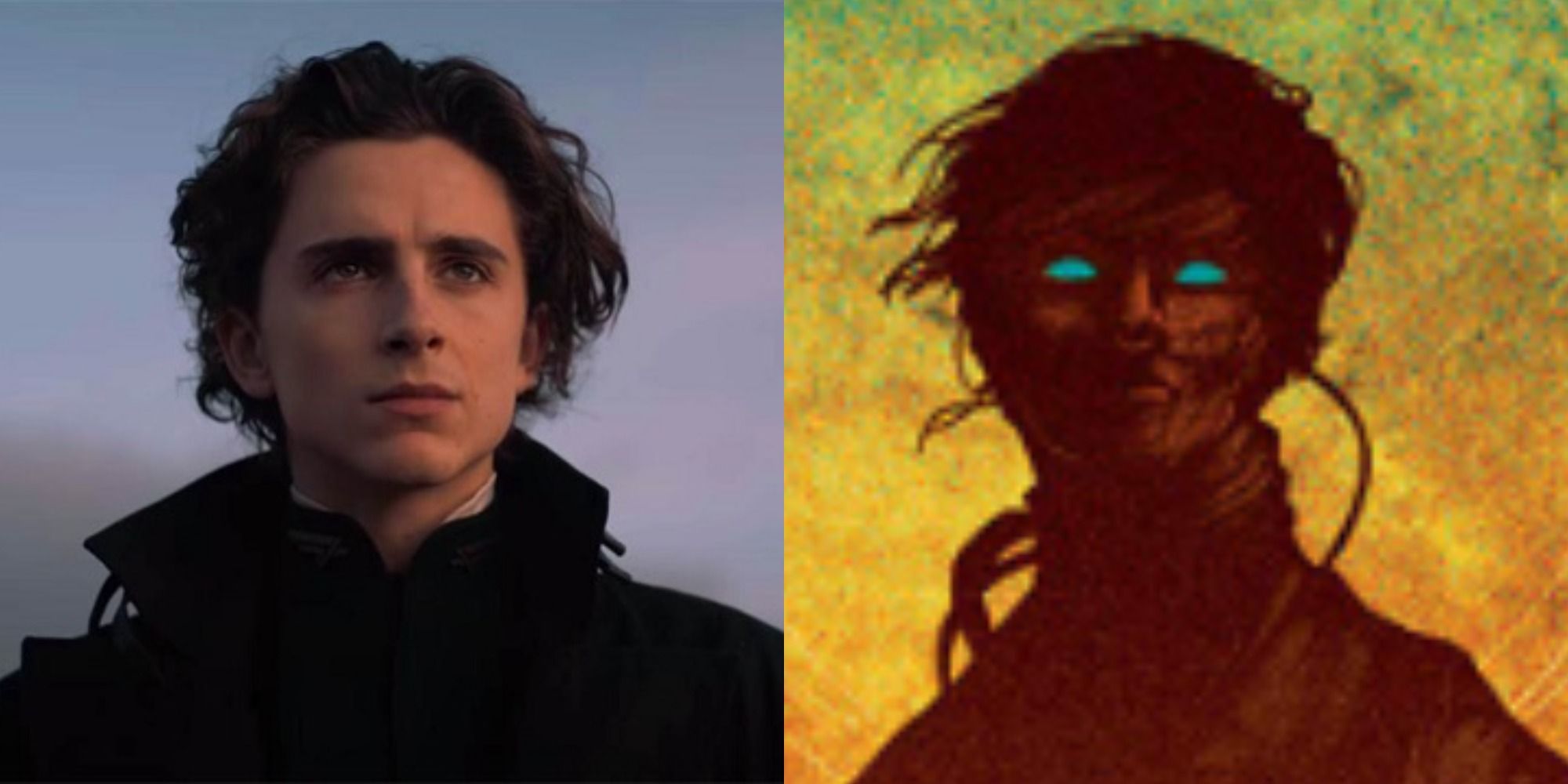 Timothee Chalamet as Paul Atreides from Dune 2021 and Paul Atreides on the cover of Frank Herbert book Dune