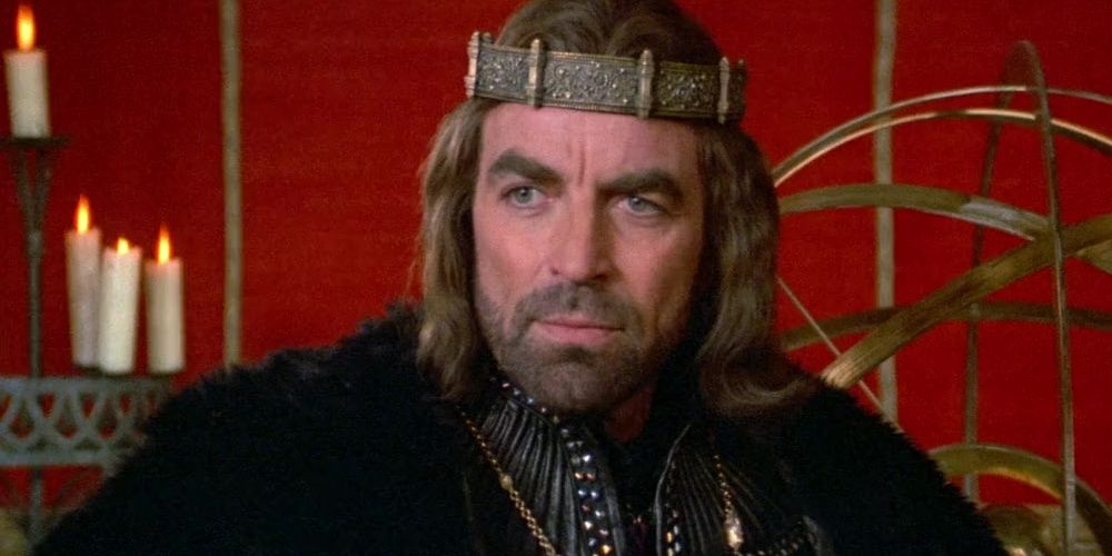 Tom Selleck wearing a crown as the king in Christopher Columbus: The Discovery