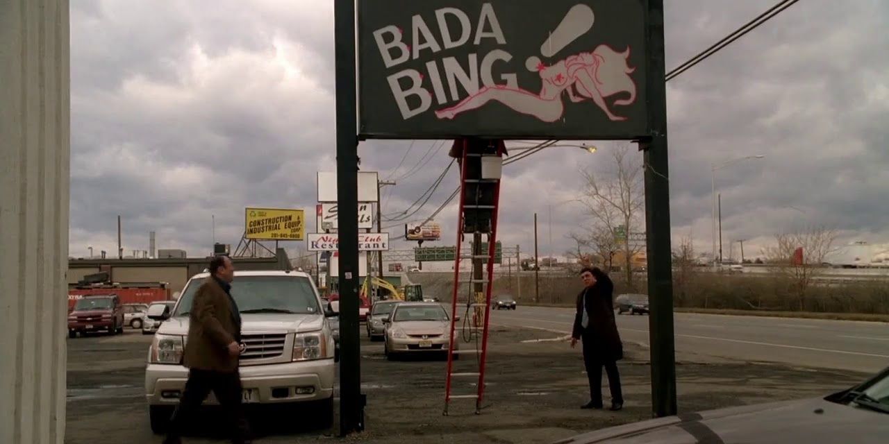 Tony and Silvio place a signboard outside the Bada Bing in The Sopranos