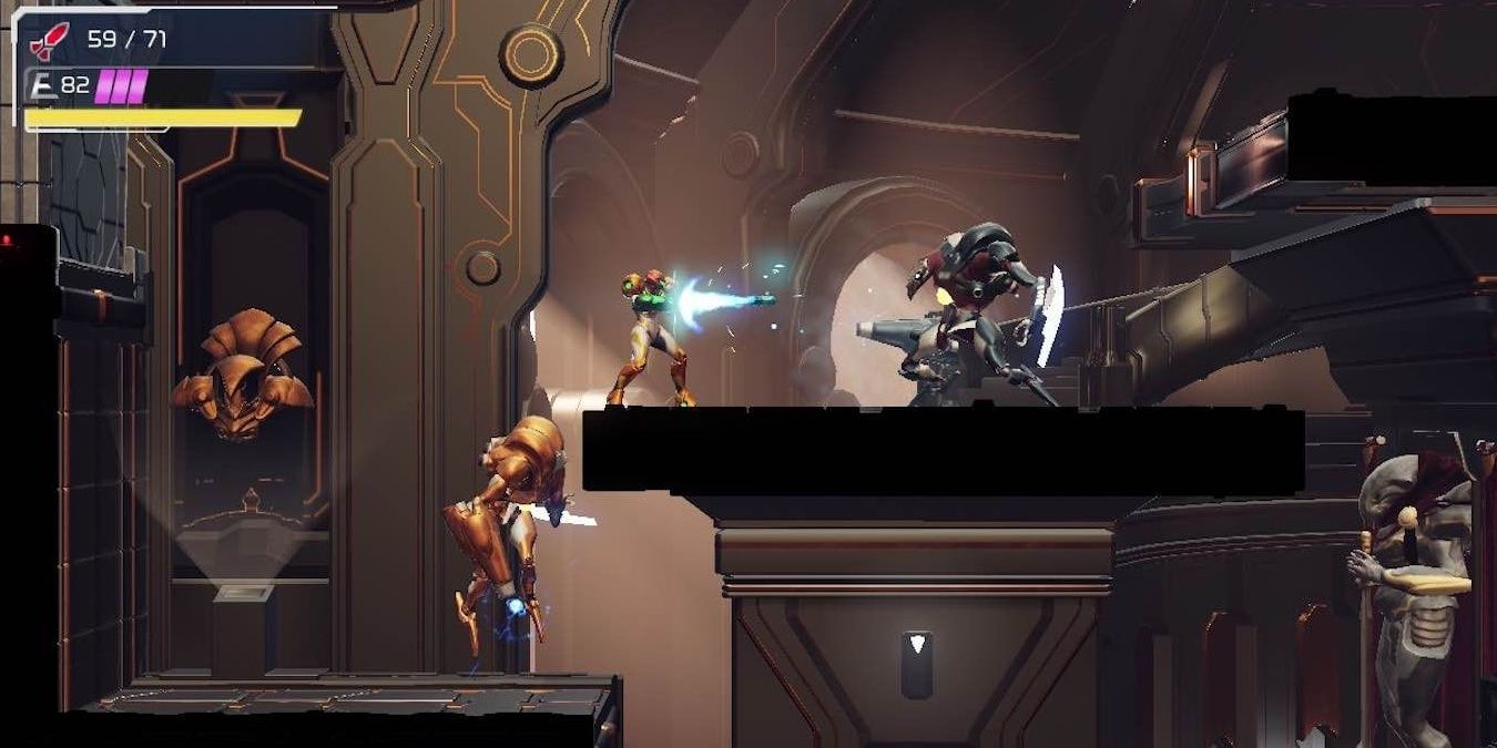 Samus fights the Twin Chozo Robot Soldiers in Metroid Dread