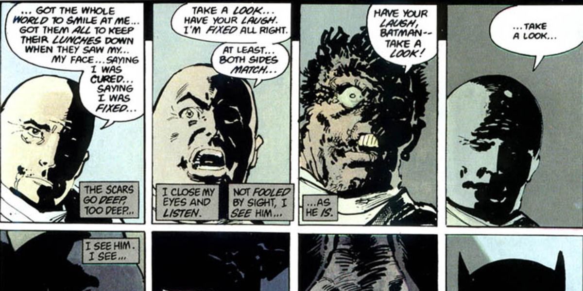 A seemingly cured Two-Face explains his return to crime in The Dark Knight Returns.