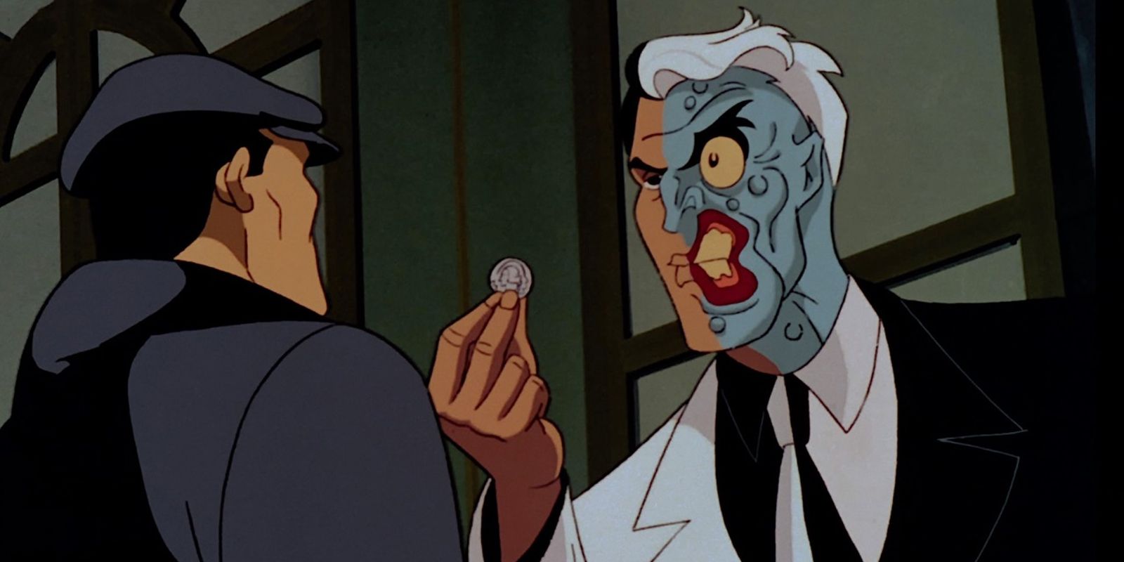 Two-Face holding up his coin to Matches Malone in Batman: The Animated Series
