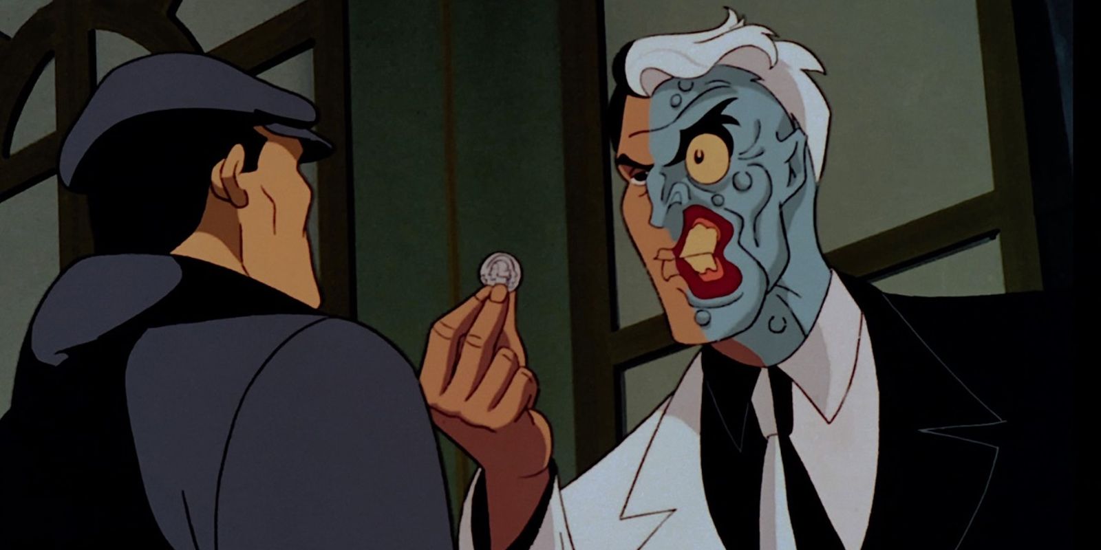 Two Face holding up his coin to Matches Malone in Batman The Animated Series