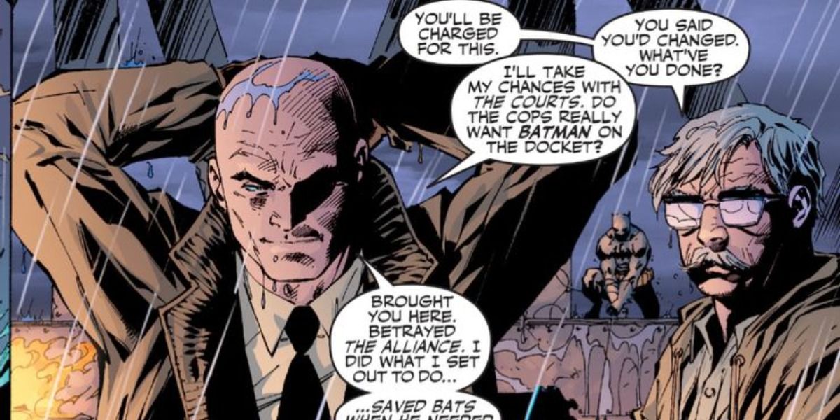 A cured Harvey Dent turns himself in to Gordon during a storm in a DC comic.