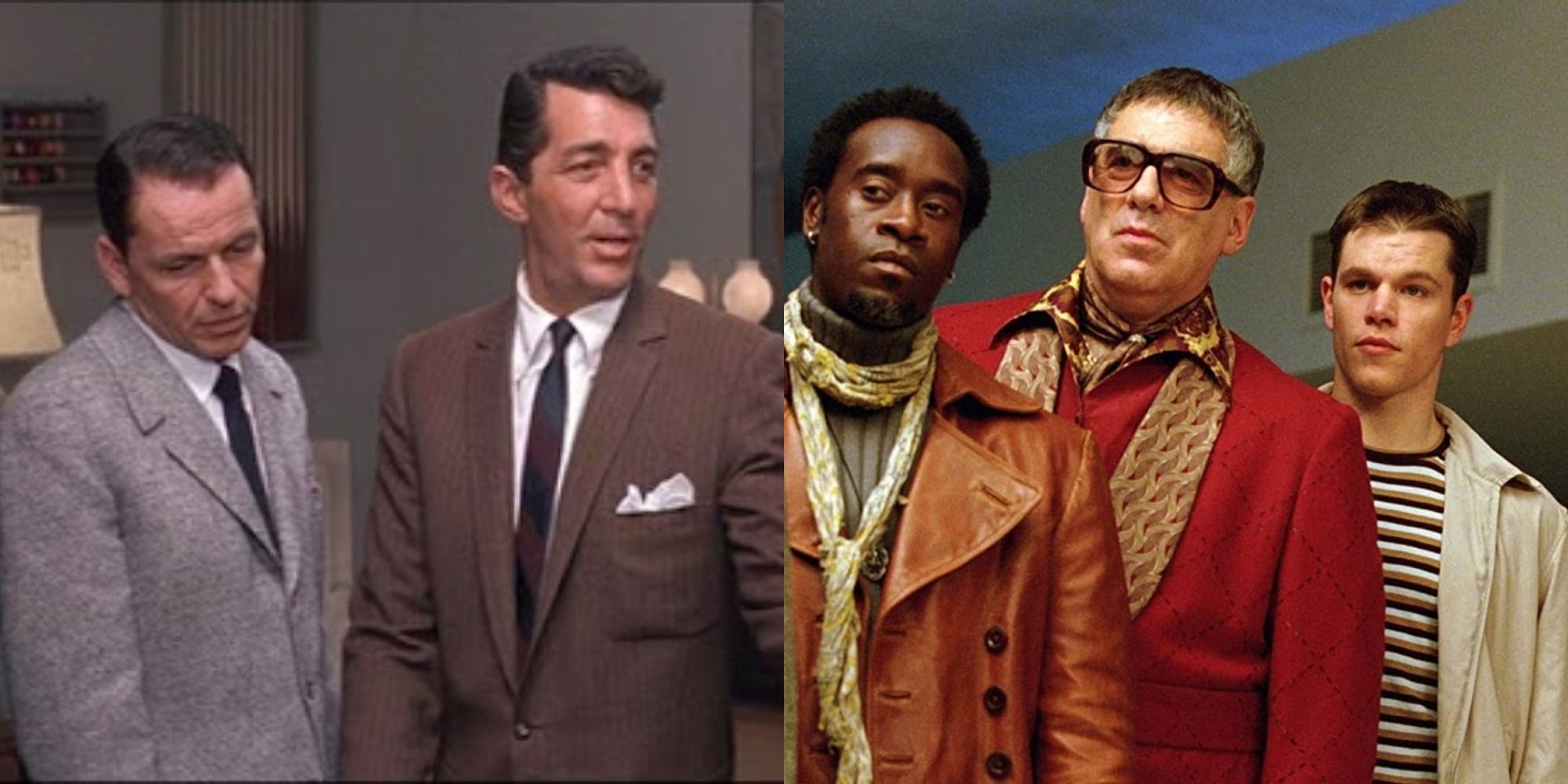 Two side by side images from the original Ocean's 11 movie and the remake
