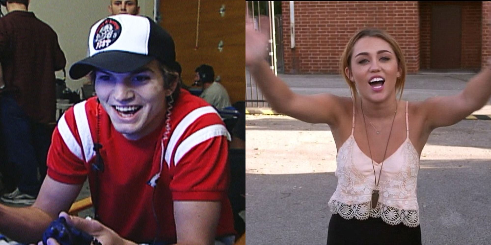 Two side by side images of Ashton Kutcher and Mylie Cyrus in Punk'd