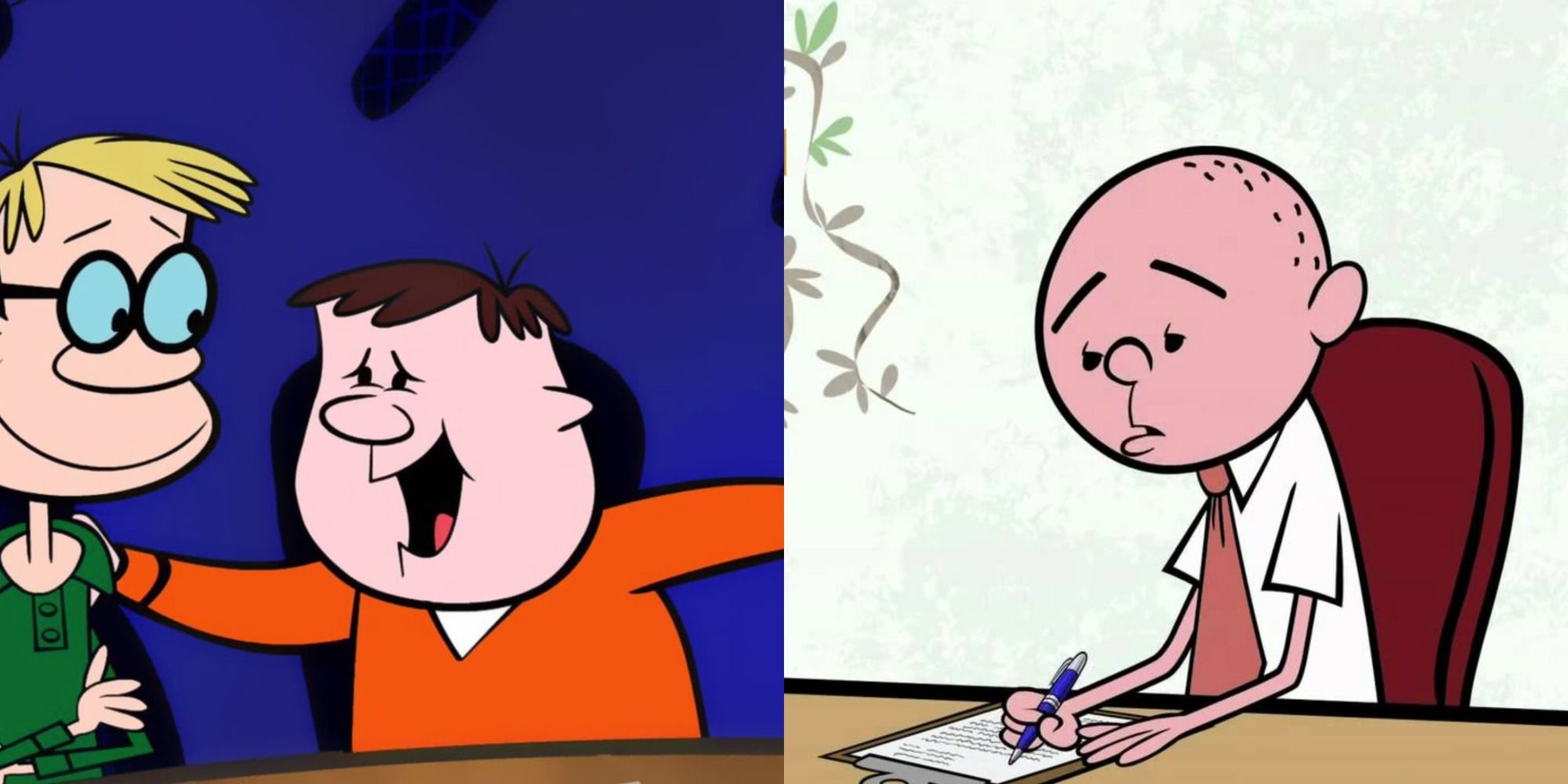 Two side by side images of Karl, Ricky and Steve on the Ricky Gervais Show