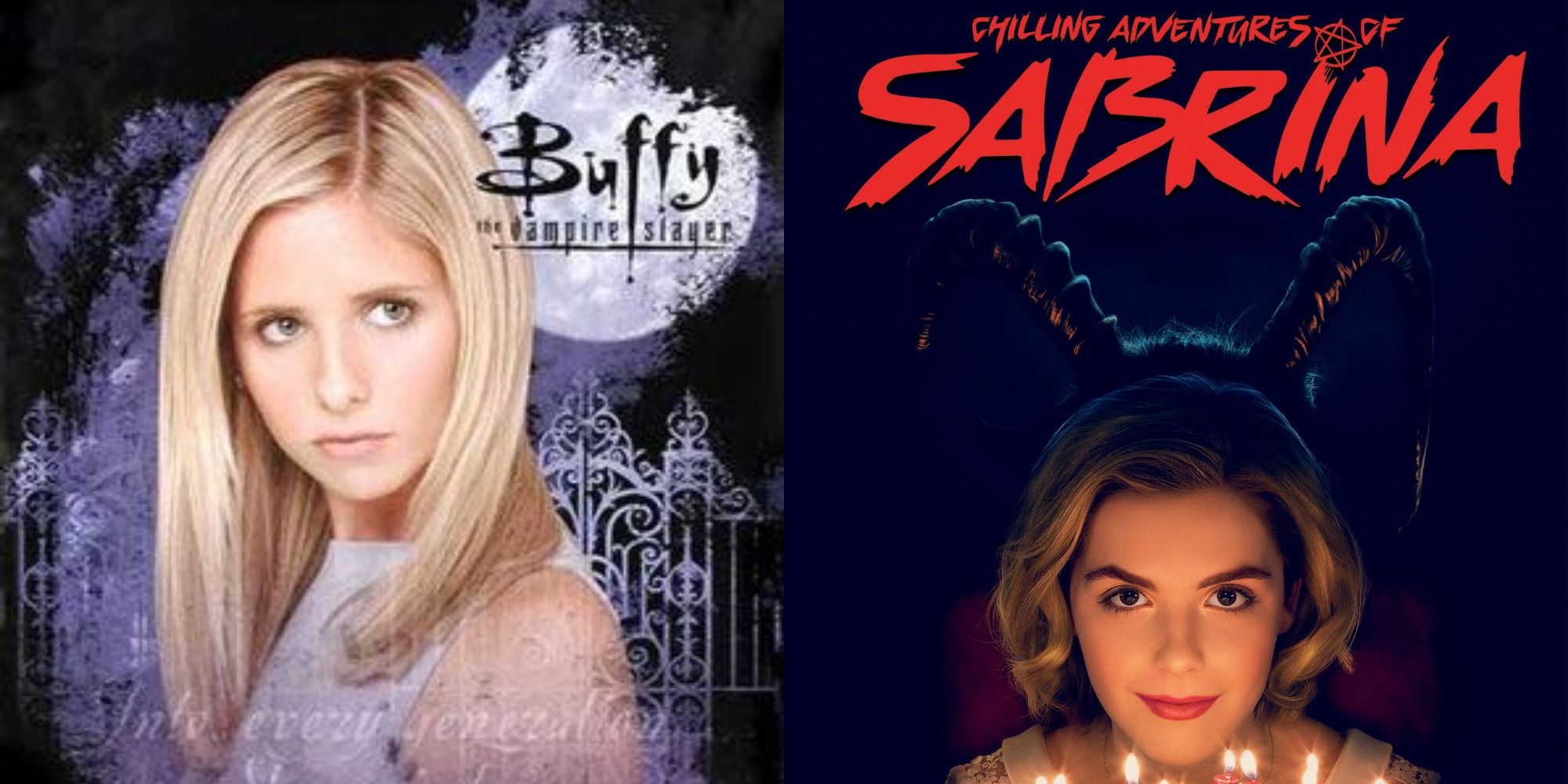 Two side by side images of the posters for Buffy the Vampire Slayer and Chilling Adventures of Sabrina