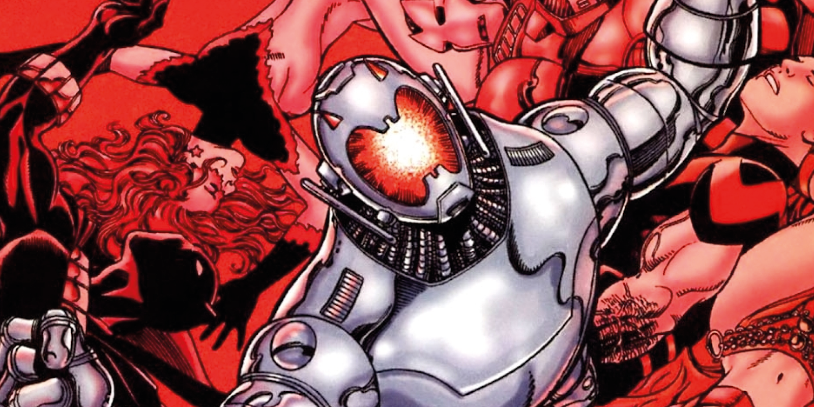 Ultron standing and looking upwards with his arms stretched in Marvel comics