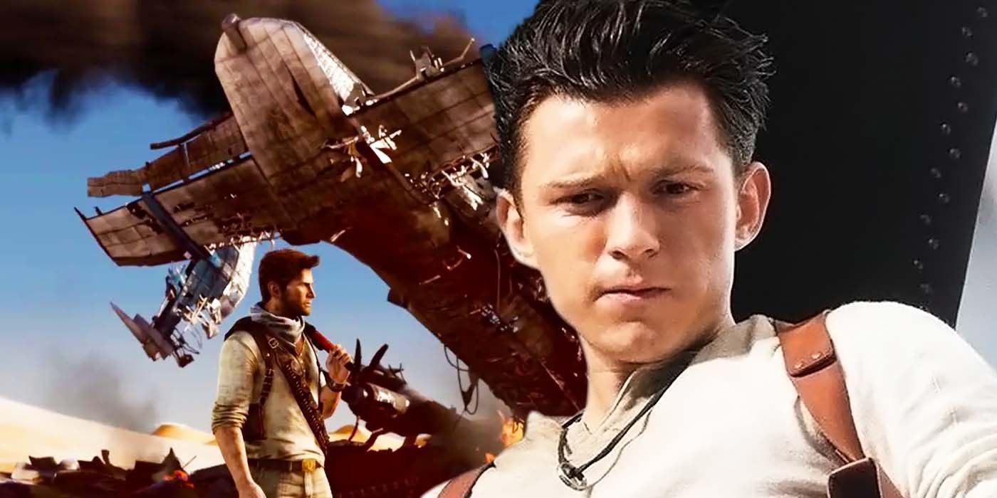Split image of Nathan Drake under a plane and Nathan Drake in the movie
