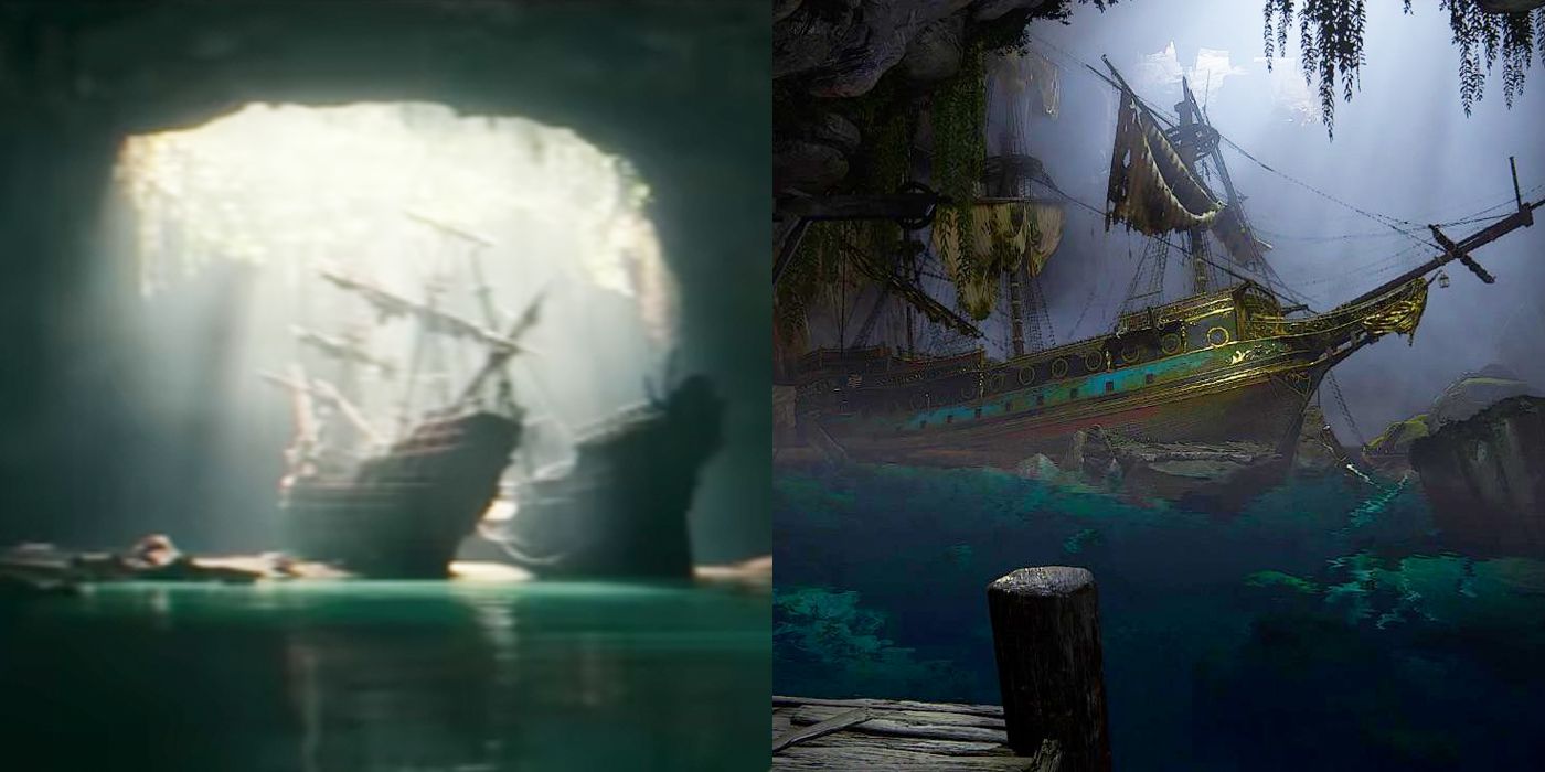 Split image of a ship in the Uncharted movie