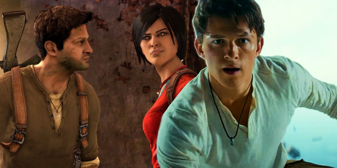 Split image of Nathan Drake and Chloe from the game and Nathan Drake in the film