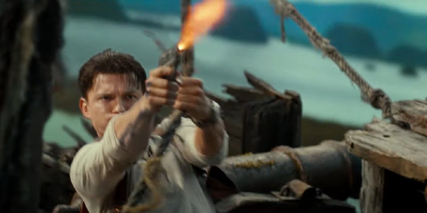 Nate fires a gun in Uncharted