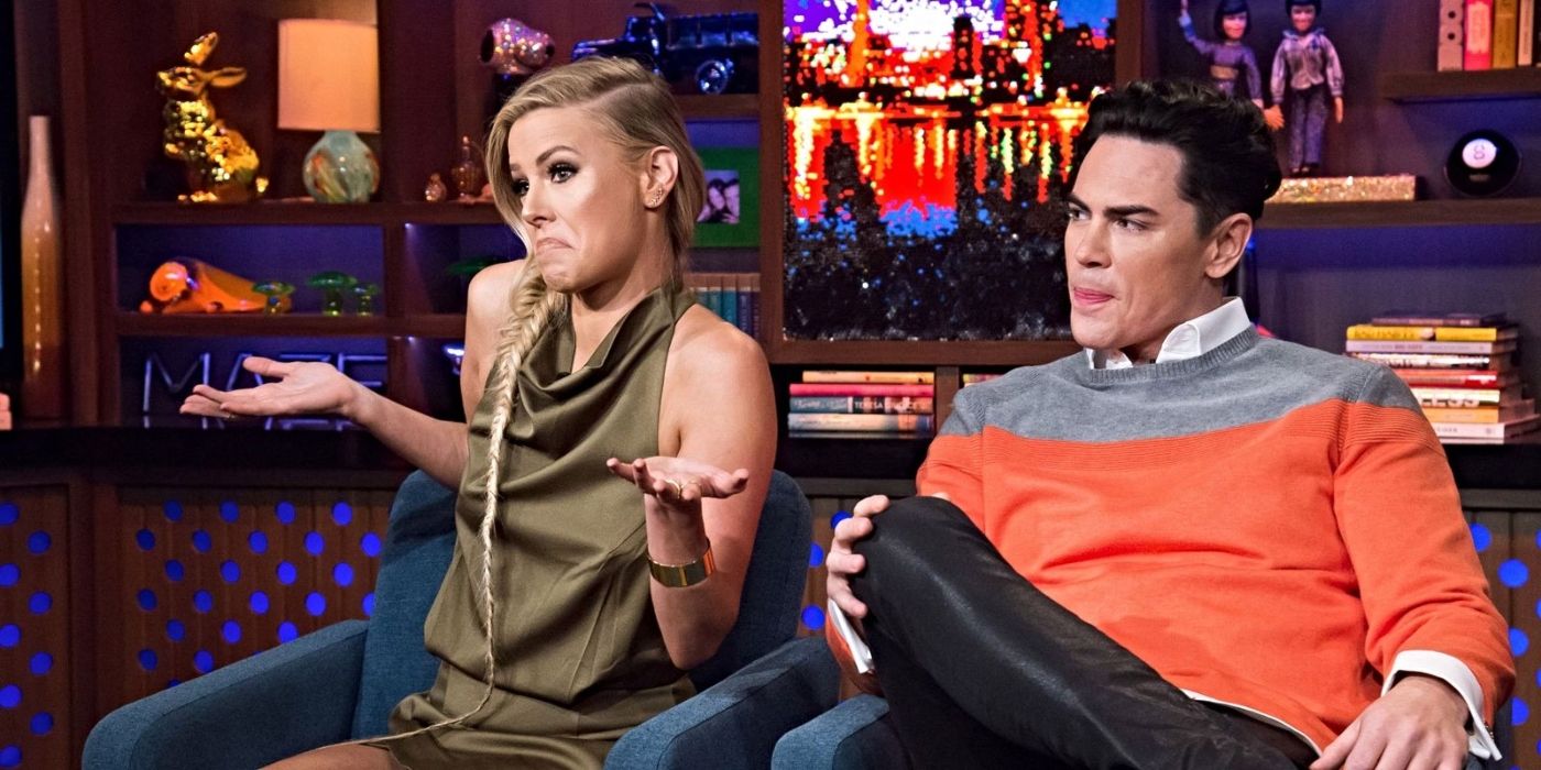 Vanderpump Rules' Ariana Madix and Tom Sandoval on WWHL, with Ariana shrugging