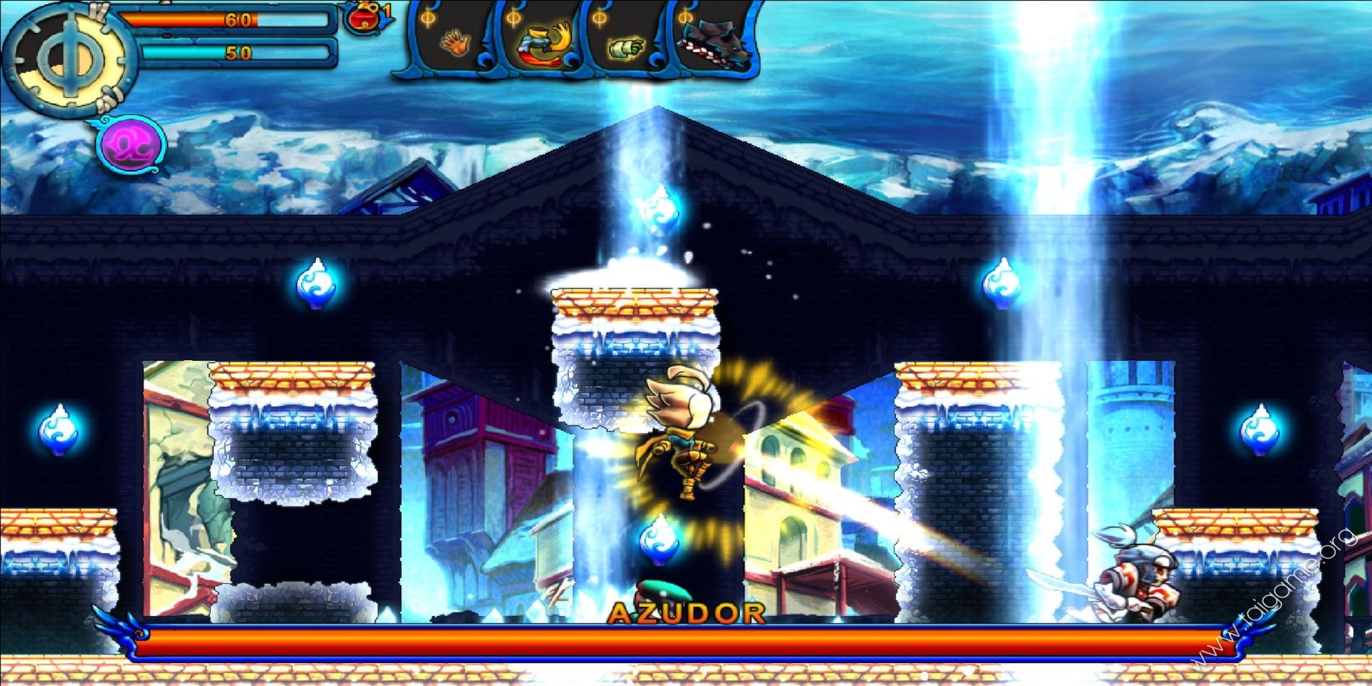 A boss fight in the Metroidvania game Valdis Story: Abyssal City.