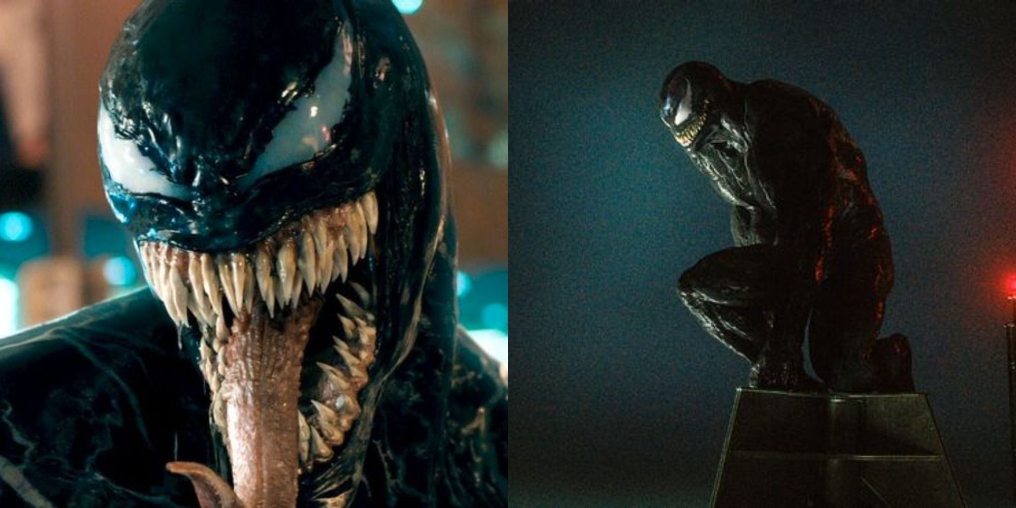 Split image of Venom opening his mouth and thinking on a rooftop