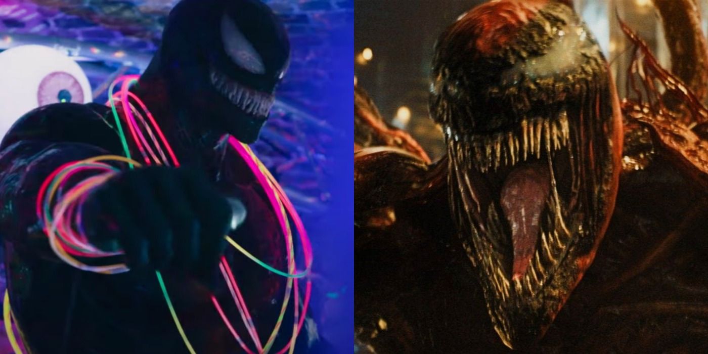 Split image: Venom at a rave/ Carnage screams
