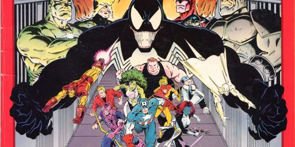Venom stretching his arms out as the Avengers run forward on the cover of The Avengers The Death Trap